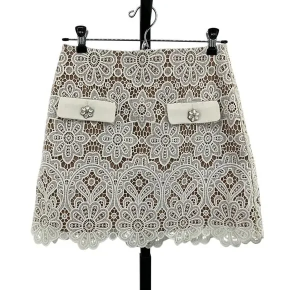 Self-Portrait Crystal-Embellished Ivory Guipure Lace Mini Skirt Size UK 8 / US 4 - Picture 2 of 6